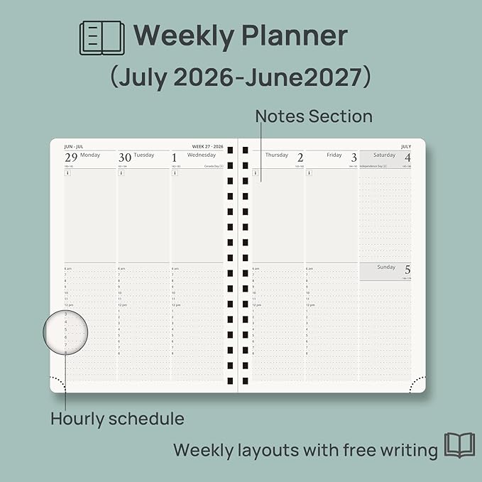 POPRUN 2026-2027 Weekly Planner 6.25" x 8.5" Weekly and Monthly Planner | Jul 2026 - Jun 2027 Daily Agenda Book with Hourly Schedule, Tabs, Hardcover, School and Office Supplies- Pacific Green