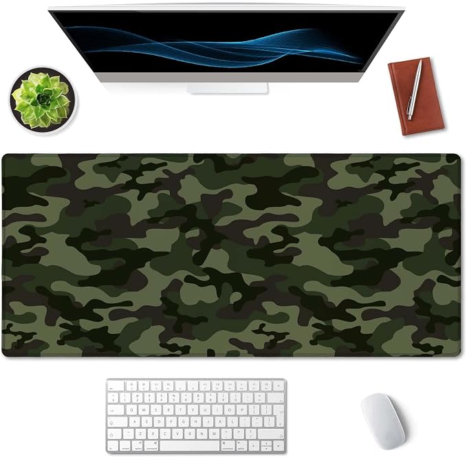SSOIU Extended Gaming Mouse Pad (35.5x15.7 in), Large Non-Slip Rubber Base Mousepad with Stitched Edges, Waterproof Keyboard Mouse Mat Desk Pad for Work, Game, Office, Home - Green Camouflage