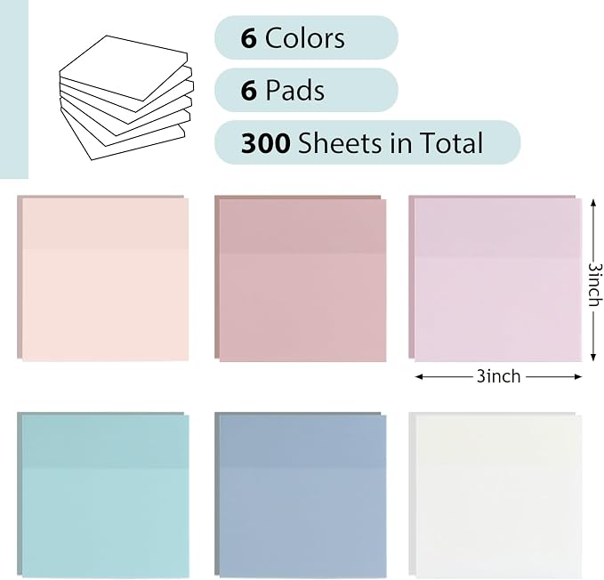 Transparent Sticky Notes - Pastel Color Clear Sticky Notes, 3x3 inch, Waterproof, 300 Sheets for College, School & Office