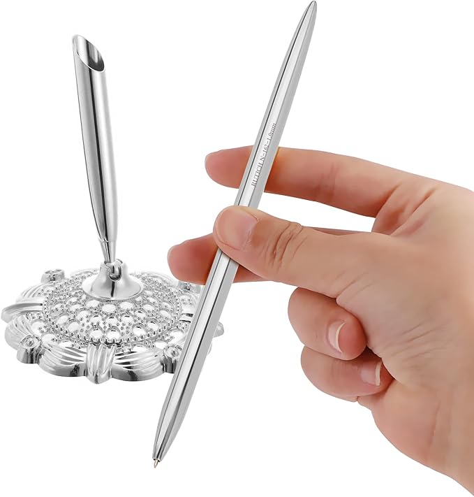 Hollow Round Pen Holder Signing Pen Set for Wedding Bridal Engagement Valentine's Day Favors,Silver 2 Pcs…