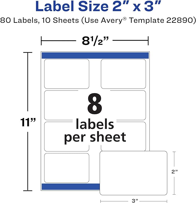 Avery Glossy White Labels, Sure Feed Technology, 2" x 3" Rectangle Labels, Print-to-The-Edge, Laser/Inkjet, 80 Total (22890)