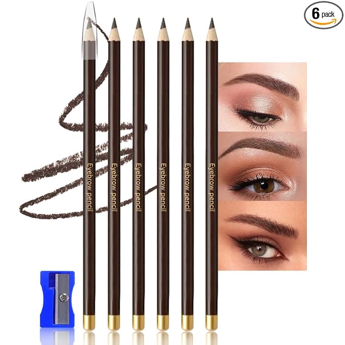 6Pcs Brown Eyebrow Pencils for Women,Wooden Hard-Core Eyebrow Eyeliner Pencil,Sharpener Included,Long Lasting Waterproof Sweat-proof Create a Natural Eye Brow Makeup,Beginner Brow Pencil,Cruelty-Free