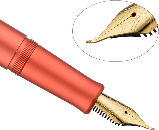 HONG DIAN M2 Mini Fountain Pen with Bent Nib, Sleek Shape Aluminium Short Pocket Travel Pen (Orange Red)
