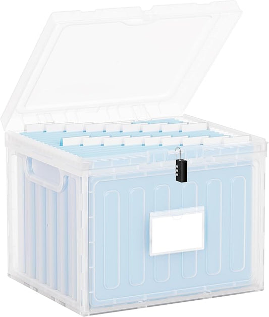 Oterri Lockable Plastic File Box with Lid for Letter-Size | Hanging File Folders Not Included. Clear, Large 1-Pack. Home, Office, Classroom, Dorm, Tax, Under Bed, Filing Cabinet.