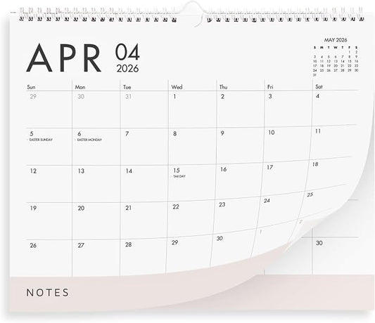 Horizontal Wall Calendar 2026-2027, 18 Months Hanging Calendar (January 2026 - June 2027) Modern White Design with Beige Notes Section 11x13.5 Inches
