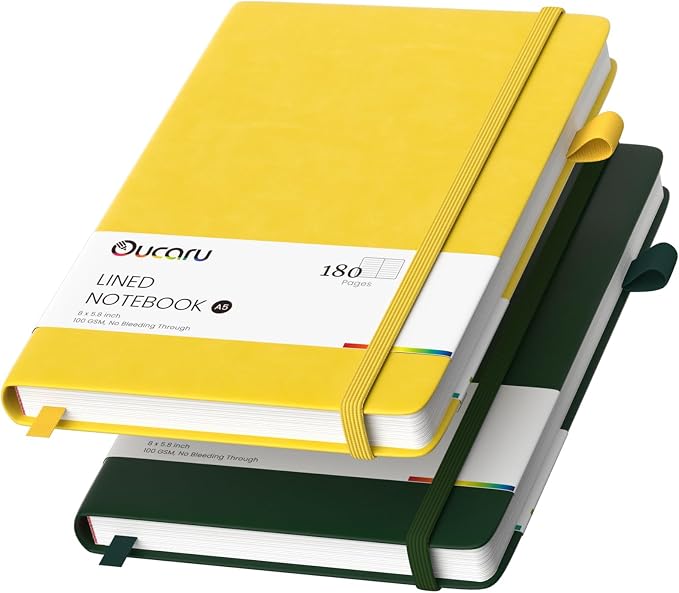 Oucaru Lined Journal Notebook, 2 Pack, 180 Pages, A5 Journals for Writing, 100 GSM Thick Paper, Small Notebooks Daily Journal for Women Men Work, Business, School, Travel Supplies