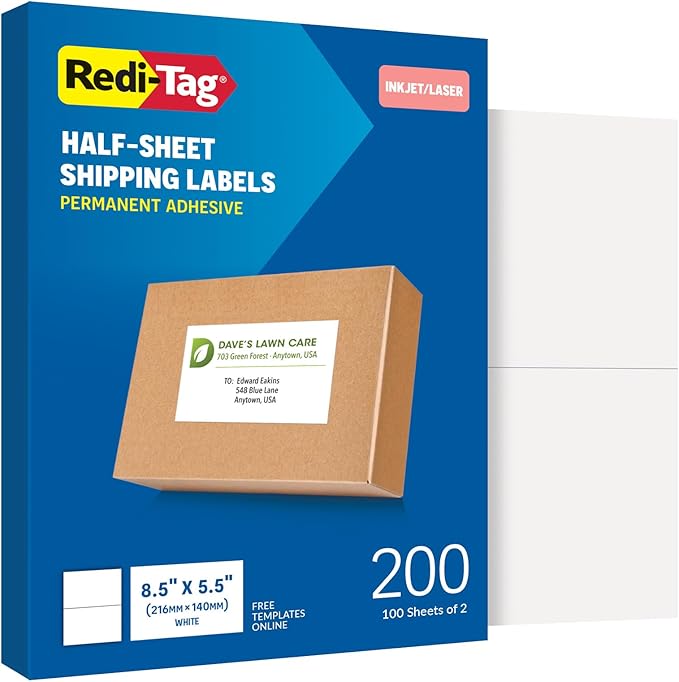 Redi-Tag 5.5" x 8.5" Shipping Labels, 200 per Pack, White, Laser & Inkjet Half Sheet Printer Labels, Self-Adhesive, Permanent Stick, Smudge-Resistant, Perfect for Shipping, Mailing, and Warehouse Use