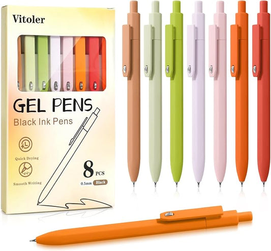 Vitoler Black Ink Gel Pens, 8pcs 0.5mm Smooth Writing Pens with Fidget | For Women, For Teachers, For Nurses, Quick dry, Liquid Ink, For Badge, Felt Tip, Medium Point, For Journaling, Cute