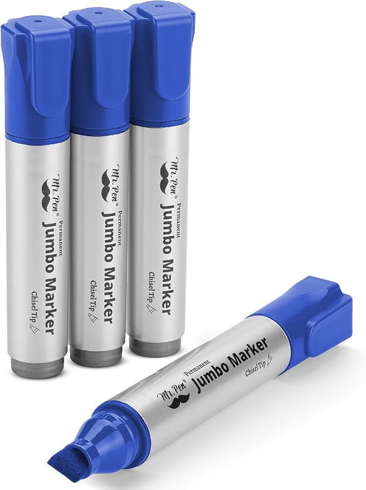 Mr. Pen- Jumbo Permanent Markers, 4 Pack, Blue, Chisel Tip, Wide Tip, Large | Thick Permanent Markers for Canvas, Posters Board, Fabric, Window, Glass, Wood, Waterproof, Quick Dry