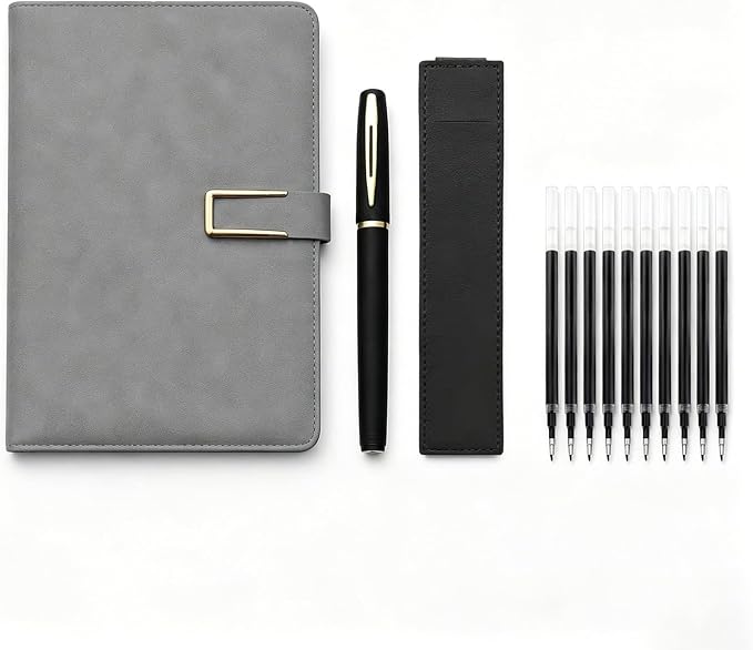 CRME A5 Lined Notebook Gift Set,Hardcover Journal with Clasp,Ballpoint Pen and Refills for Work School Office and Daily Planning,Grey