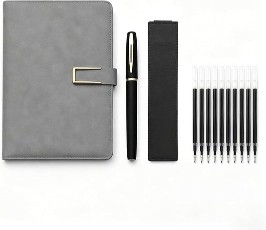 CRME A5 Lined Notebook Gift Set,Hardcover Journal with Clasp,Ballpoint Pen and Refills for Work School Office and Daily Planning,Grey