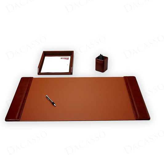 Dacasso Mocha Leather 3-Piece Luxury Desk Accessory Set - Executive Desk Decor - 34" x 20" Leather Blotter Pad & Desk Organization Essentials