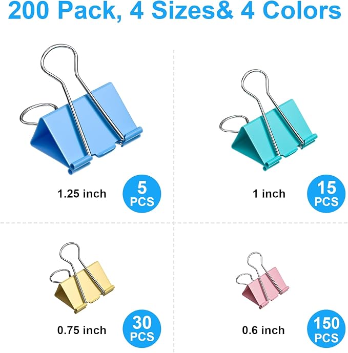 200 Count Colored Binder Clips Assorted Sizes, 4 Sizes Large, Medium, Small, Mini, Metal Paper Clamps, Bulk Clips Office Supplies (1 1/4", 1", 3/4", 1/2 Inch) KKEETUR