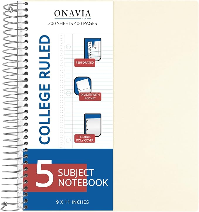 ONAVIA 5 Subject Spiral Notebook College Ruled, 400 Pages | 200 Sheets, 9 x 11 in, Waterproof Plastic Cover, Durable, 3-Hole Punched, Dividers, Pockets