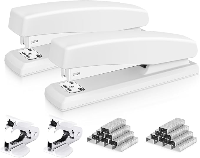 Deli Stapler, Desktop Stapler, 2 Pack, Office Staplers, 25 Sheet Capacity, Includes 2000 Staples and 2 Staple Removers, 2 Pack, White