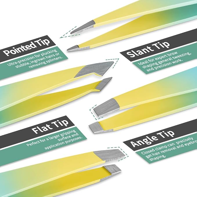 TsMADDTs 7 pcs Tweezers Set for Women Facial Hair, Precision Tweezer for Eyebrows with Curved Scissor and Eyebrow Razor for Ingrown Hair, Yellow&Green