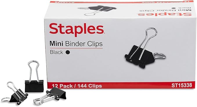 Staples Mini Binder Clips, 0.25" Capacity, Black, 144 Pack – Extra‑Small Clips for Receipts, Labels & Paper Sorting