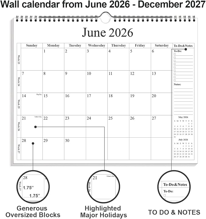 2026-2027 Calendar - Wall Calendar 2026-2027 from July 2026 - December 2027, 18 Months Calendar with Premium Paper, Twin-Wire Binding & Hanging Hook, 12" x 14.5", Black