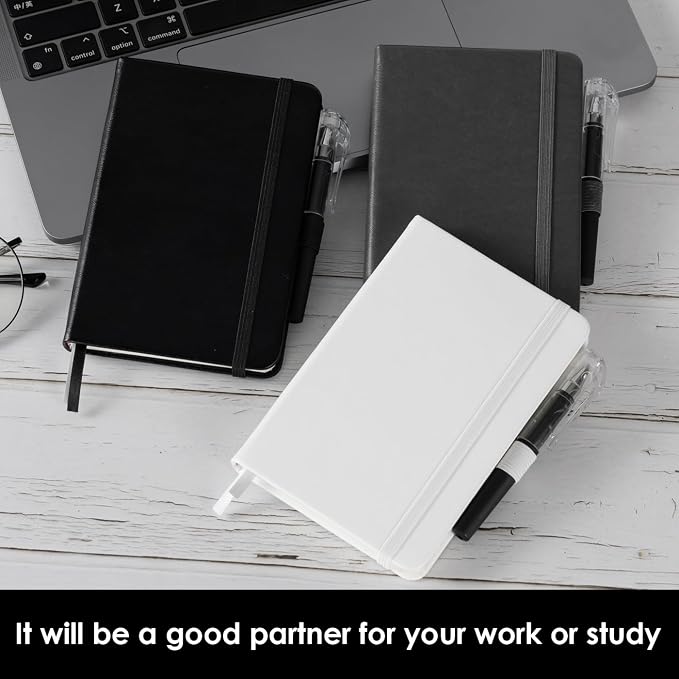 NIRMIRO Small Notebook Pocket Size Journal 3.7" x 5.7", 3 Pack, (White, Grey, Black), 408 Pages, A6 Mini Notepad with Pen, Small Leather Note Book, 100GSM Lined paper, Hardcover