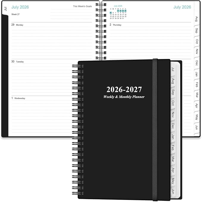 Planner 2026-2027 - A5 Weekly & Monthly Planner Spiral Bound, July 2026 - June 2027, with Flexible Cover, Tabs, Inner Pocket, 6.4" x 8.5", Black