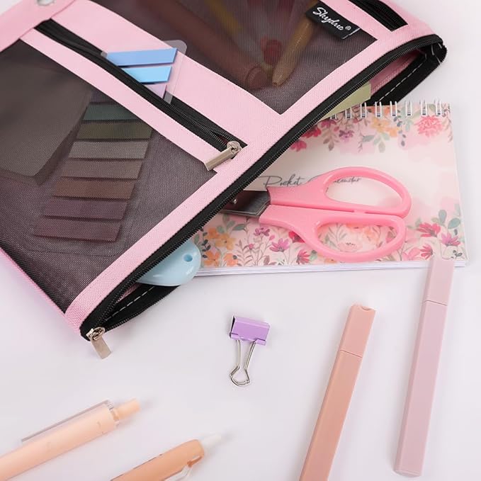 SKYDUE Pencil Pouch for Binder, Pencil Case, 3 Ring Binder Pencil Pouch with 3 Pockets and Mesh Window, Zipper Pencil Pouch, Durable Organizer for School Supplies, Cables, Earbuds, Makeup, Pink