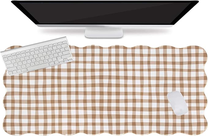 L-SPOUTTO Brown Checkered Mouse Pad,Cottagecore Scalloped Desk Mat XXL Large Cute Gingham Gaming Mousepad,35.4x15.7in Non-Slip Keyboard Pad Waterproof Desktop Mat for Laptop Computer Game Home Office