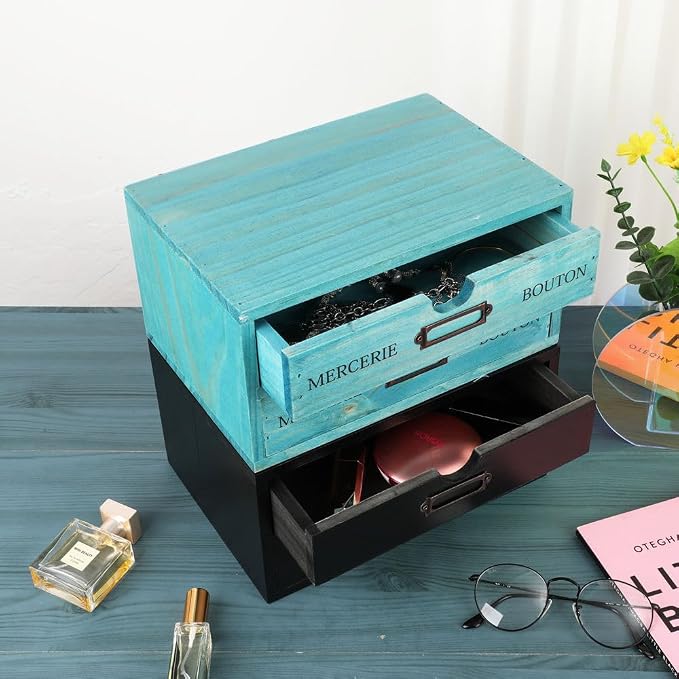 Small Wooden Drawers Wooden Box with Drawer Blue | 2 Drawer Storage Box for Apothecary Cabinet, Apothecary Drawers，Desktop Organizer with Metal Handles for Office，Home