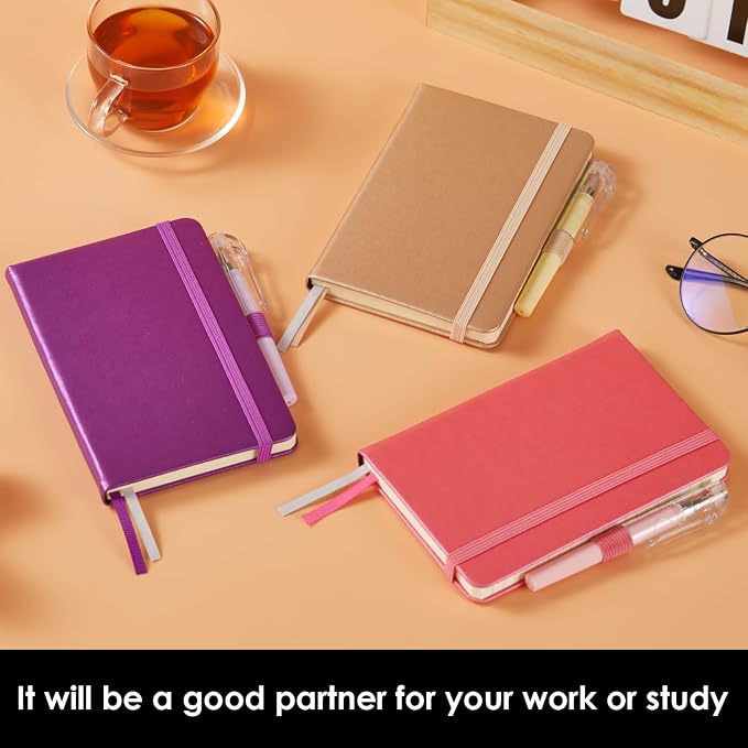 NIRMIRO 3 Pack Pocket Notebook Journal with Pen, Mini Small Notepad Notebook 3.7" x 5.7" for Women Writing, 408 Pages, Pearlescent Pink Purple Gold