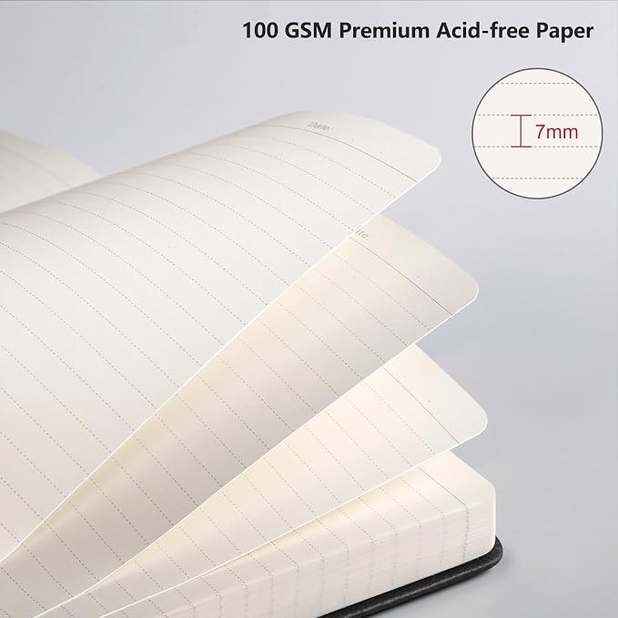 AHGXG Lined Journal Notebook, 192 Numbered Pages, A5 Size (5.7'' x 8.3'') | College Ruled Notebook for Men & Women, Writing, Work & Office, Leather Hardcover, 100 GSM Thick Paper (Black)