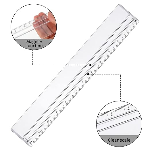 Chinco 4 Pieces Magnifying Ruler Clear Data Processing Magnification Plastic Transparent Accounting Drafting Tools Kits Construction for Reading Drawing (12 Inch)
