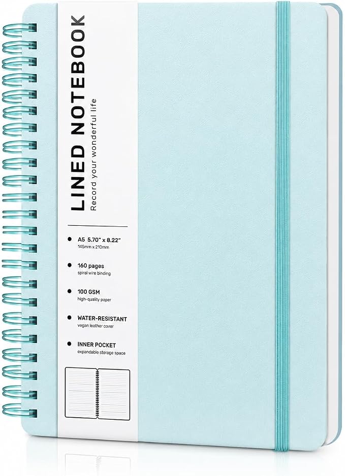 Light Green Lined Spiral Journal Notebook with 160 Pages, 8×5.7in, A5 Spiral Notebook, Journaling Notebooks for Work, School, Women, Men, College Ruled Spiral Notebook, Hardcover Leather Journals