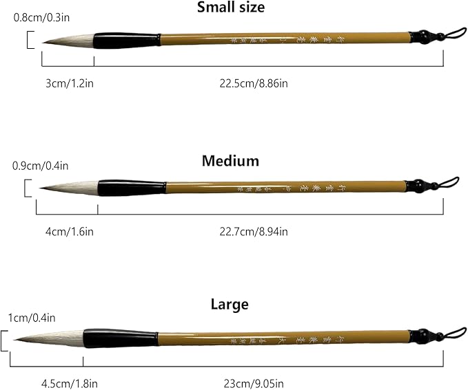 3 Sizes Chinese Calligraphy Brush Set, Chinese Writing Brushes, Wooden Ink Watercolor Painting Brushes Traditional Art Sumi Brush Goat and Wolf Hair (Large, Medium, Small)