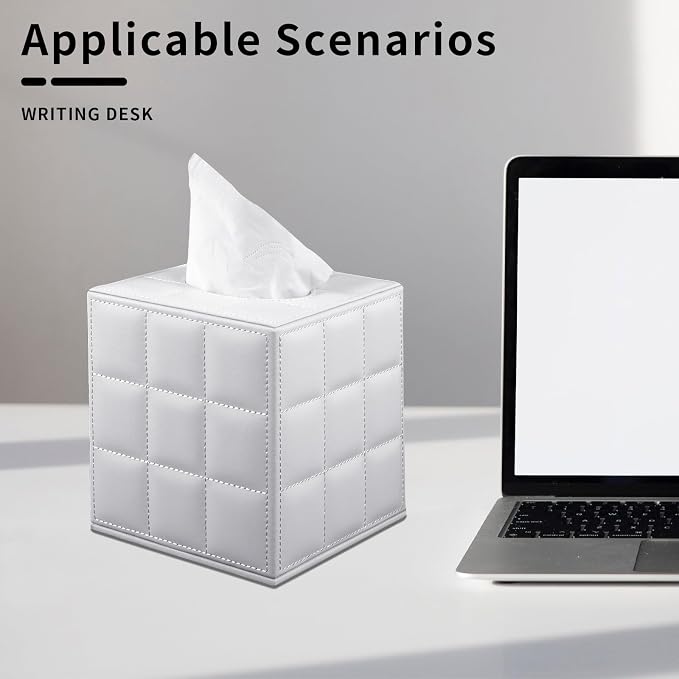 Tissue Box Cover Square,Stylish PU Leather Tissue Box Holder for Dresser Bathroom,Facial Tissue Holder with Magnetic Bottom for Home Office (White)