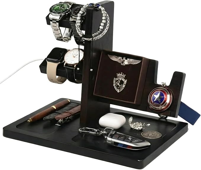 Watch Stand for Men, Solid Wood Watch Holder Organizer with Challenge Coin Display & Valet Tray, Mens Nightstand Organizer for Smartwatch Charging Station, Desk Accessories, Gift for Husband, Dad