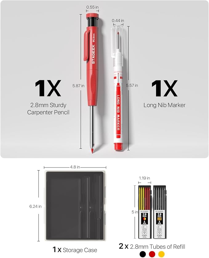 STAGEEK 2.8mm Carpenter Pencil Set with Storage Case, Built-in Sharpener | 13 Refills (Red, Black, Yellow), Deep Hole Long Nib Marker, Heavy Duty Woodworking Tools for Architect Electricians