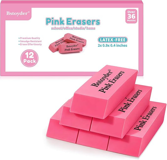 12 Rubber Pencil Erasers Bulk for School/Office, Latex-Free Smudge-Free Soft Bevel Erasers for Students, Bulk School Supplies for Classrooms, Teachers, Home, Office, Art Class