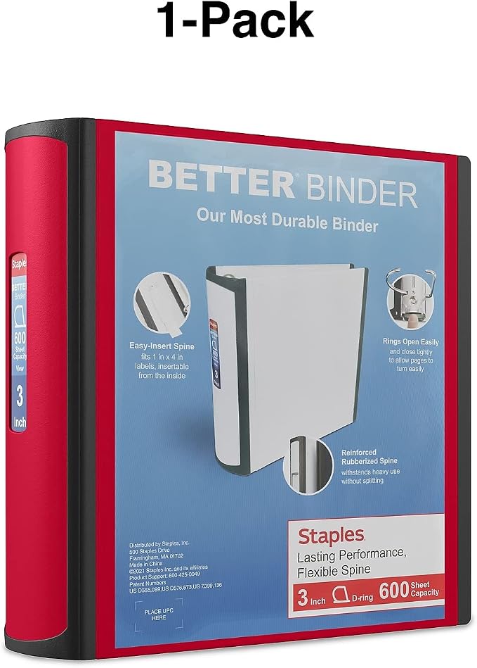 Staples Better Binder, 3" Heavy‑Duty D‑Ring 3‑Ring Binder, Red, Reinforced Spine, Holds 600 Sheets, Durable Organizer for Office, School & Presentations, 2‑Pack