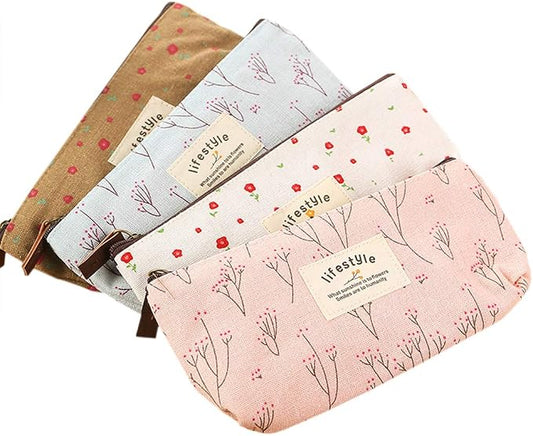 AKIRO Pencil Case, Cute Floral Flower Canvas Zipper Pencil Cases Lovely Fabric Flower Tree Pen Bags Supplies 4 Pcs