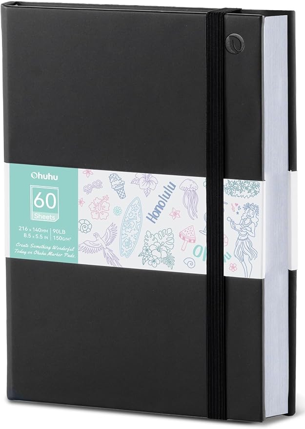 Ohuhu Double-Sided Marker Pad Art Sketchbook Bleedproof - 5.5"x8.5" Small Paper Size - 90 LB/150 GSM Smooth Drawing Paper - 60 Sheets/120 Pages - Hardcover Sketching Book for Alcohol Markers Paints