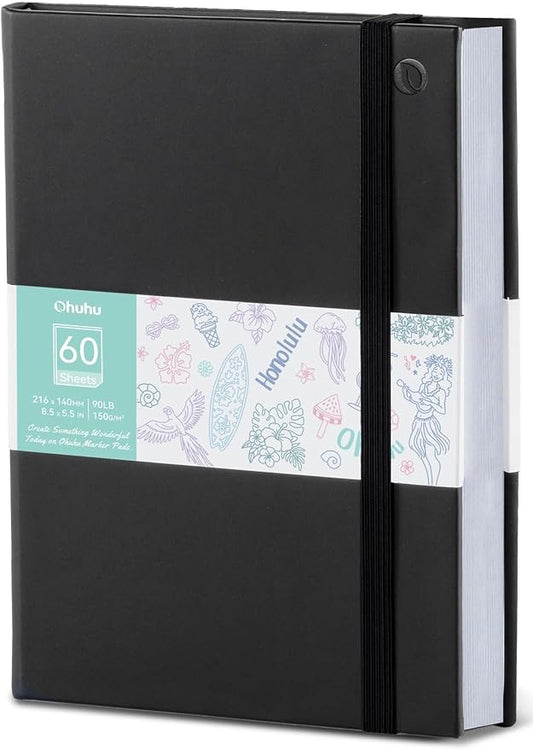 Ohuhu Double-Sided Marker Pad Art Sketchbook Bleedproof - 5.5"x8.5" Small Paper Size - 90 LB/150 GSM Smooth Drawing Paper - 60 Sheets/120 Pages - Hardcover Sketching Book for Alcohol Markers Paints