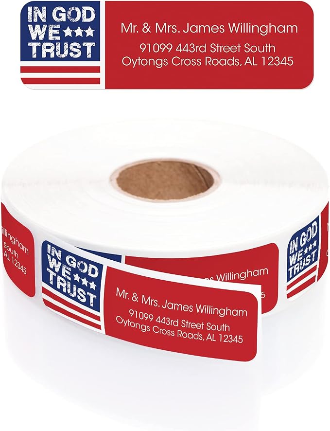 in God We Trust Rolled Address Labels/Roll of 250 Personalized Return Address Labels/Designer Return Address Stickers in Elegant Plastic Dispenser