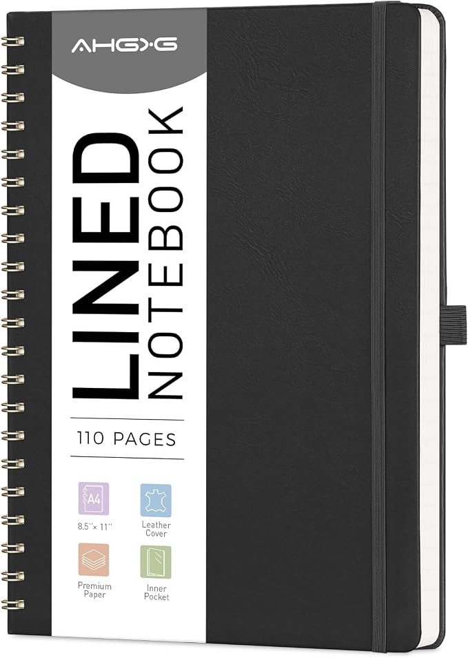 AHGXG Lined Spiral Journal Notebook, 110 Pages, A4 (8.5" x 11") | Journals for Women, Hardcover Leather Notebook College Ruled, 100 GSM Paper, for Work School Note Taking (Black)