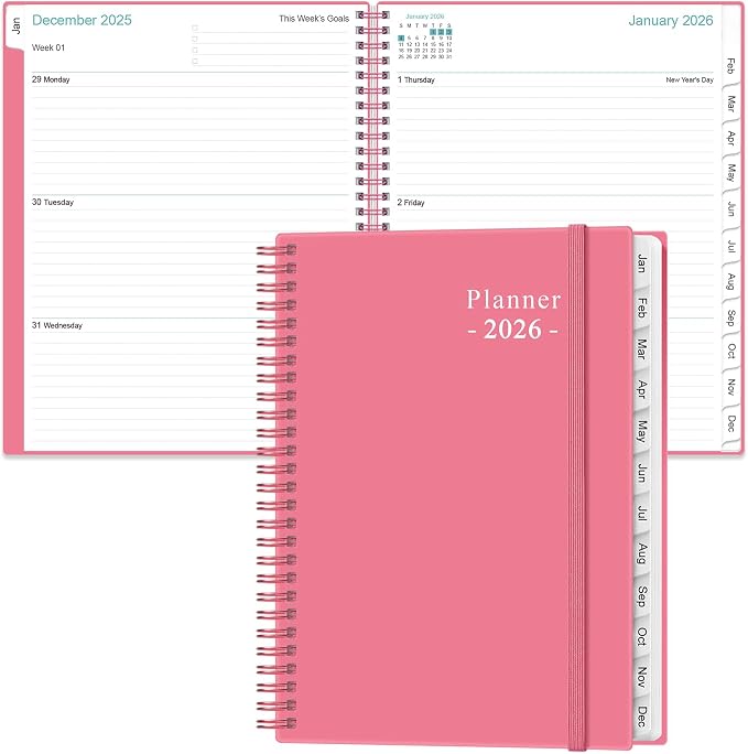 2026 Planner - Planner 2026 from January 2026 to December 2026 with 12 Monthly Tabs, Flexible Cover, Inner Pocket, 8.5" x 11", Pink