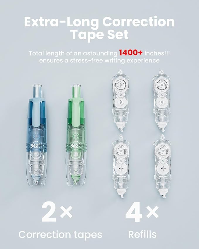Four Candies 2-Pack White Correction Tape, 118.1 ft, 6mm Width (Blue Green) | with 4 Refill Tapes, Refillable, Tear-Resistant, Smooth, Quick Dry, Cute Pen Shaped, for School Teen & Adults