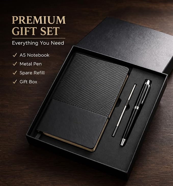 Business Office A5 Soft Leather Notebook Gift Set with Pen, Black, Professional Stationery Set with Premium Pens