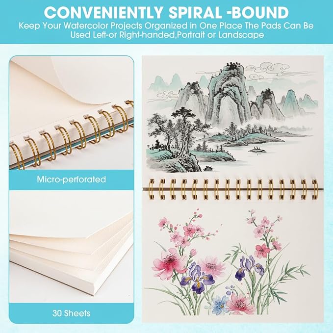 Watercolor Paper Pad 7"×10", Small Watercolor Sketchbook 140lb/300g, 30 Sheets Spiral Bound Art Journal for Drawing & Painting Gifts for Artists
