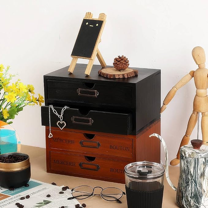 Small Wooden Drawers Wooden Box with Drawer Black | 2 Drawer Storage Box for Apothecary Cabinet, Apothecary Drawers，Desktop Organizer with Metal Handles for Office，Home