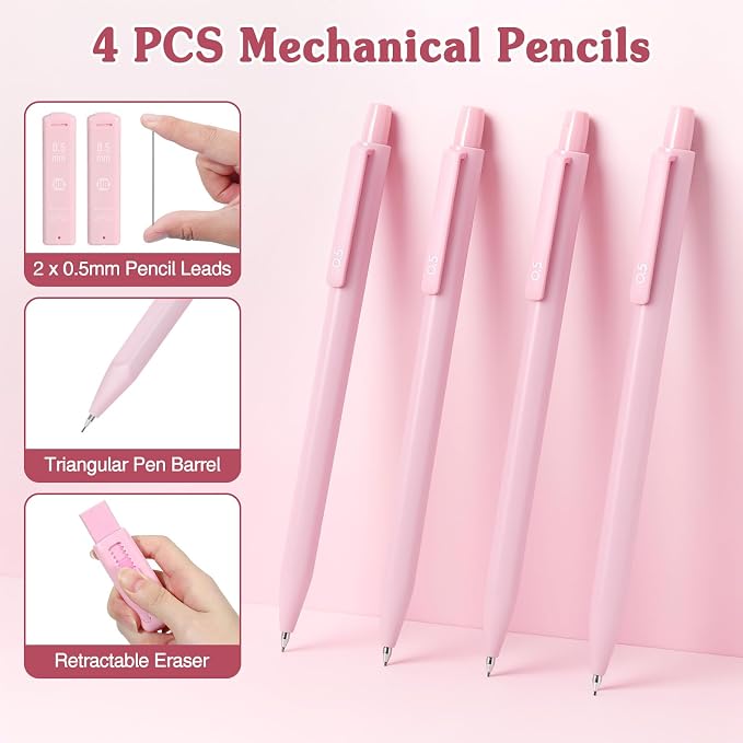 MoKo Pencil Case with Supplies, 49Pcs Aesthetic School Set, Pink | Includes gel pens, highlighters, 0.5 mm mechanical pencils and refills, an eraser, sticky notes and index tabs.