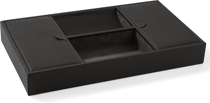 Leatherology Black Onyx Deluxe Valet Tray – Jewelry & Watch Organizer with Covered and Open Compartments, Microsuede Lining – Elegant Catchall for Bedroom, Closet or Bathroom