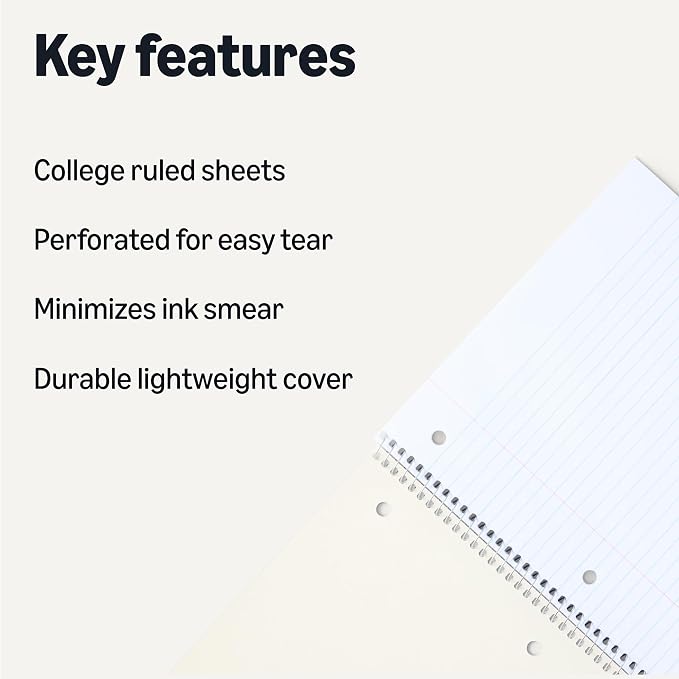 Amazon Basics College-Ruled Spiral Notebooks, 70 Sheets, 10.5" x 8", Perforated Pages, Assorted Pastel Solid Colors, 5-Pack